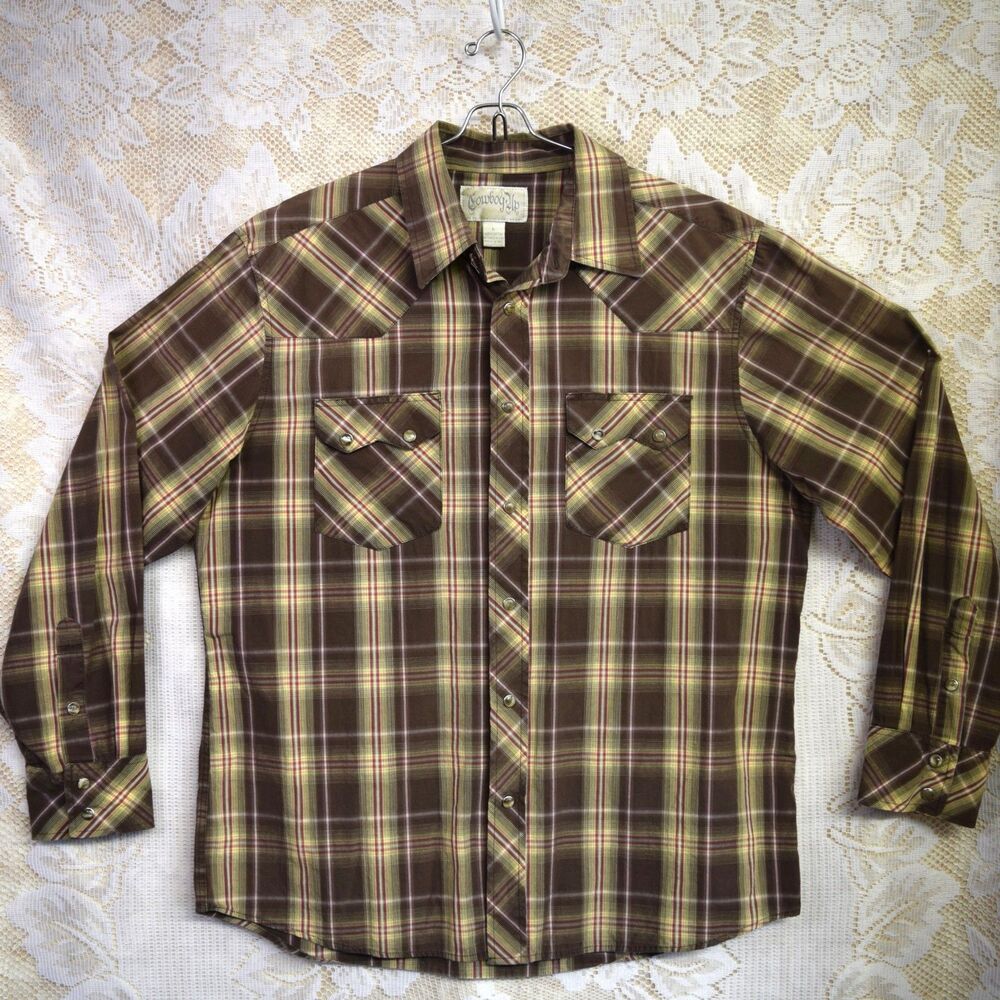 Cowboy Up Western Plaid Pearl Snap Shirt Mens Large Brown Yellow Plaid Rodeo